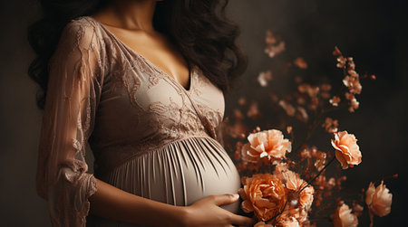 Woman stroking her baby in belly with love and care. Pregnant african woman in grey dress holds hands on big belly on black background. Pregnancy, maternity, preparation and expectation concept.の素材