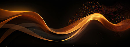 Banner with golden glowing rays with flickering particles on dark background. Gold luxury shiny design abstract elements with glitter effect for Christmas or New Year background with copy space.の素材