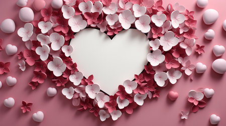 Valentines day greeting card or festive wallpaper. Abstract background of hearts with flowers in pink colors. Valentines Day heart pattern background with place for your text. Illustration for design.の素材