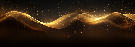Banner with golden glowing rays with flickering particles on dark background. Gold luxury shiny design abstract elements with glitter effect for Christmas or New Year background with copy space.の素材