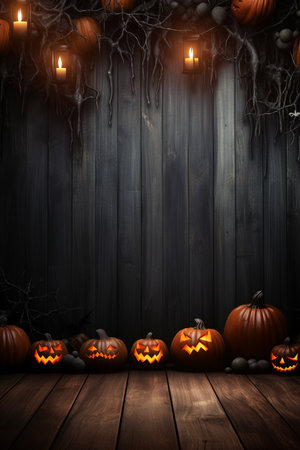 A spooky backdrop with a haunted evil glowing eyes of Jack O Lanterns on the sides of a wooden deck for a scary halloween night. Halloween night scene background with carved pumpkins and wooden wall.の素材