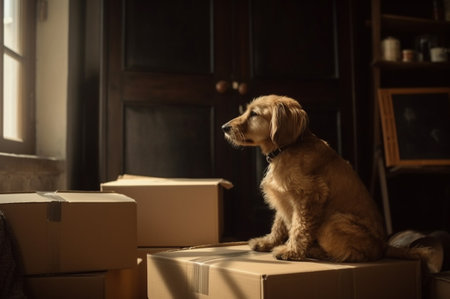 Dog sits on boxes, moving to a new home, packing. Online shopping. A quick delivery. A delivery of orders from online shops. Buying by the Internet.の素材