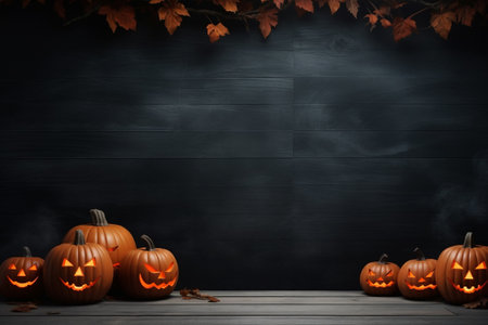 A spooky backdrop with a haunted evil glowing eyes of Jack O Lanterns on the sides of a wooden deck for a scary halloween night. Halloween night scene background with carved pumpkins and wooden wall.の素材