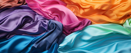 Elegant background with colors on silk fabric. The complementary scheme and silky texture add sophistication, ideal for designers. A stack multi-colored fabric background. Silk texture color fabric.の素材