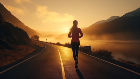 Sporty girl running on the road. Rear view of running fitness girl in sportswear outdoor image with copy space. Young woman jogging on the beautiful mountain road at the morning with sunrise.の素材