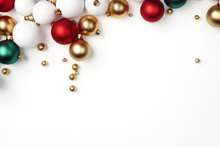 Merry Christmas. A postcard of the year 2024. White Christmas background with colorful balls. Christmas color baubles with empty template for your text. Abstract holiday backdrop with copy space.の素材