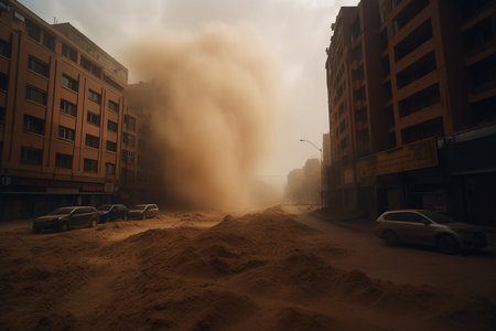 A sandstorm sweeping through a city. Dust storm in city, natural disaster concept, environmental pollution and ecological problems.の素材