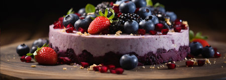 Raw vegan blueberry cake with berries, nuts and seeds on wooden background with copy space. Raw dessert, diet, gluten free, vegetarian food concept. Banner with vegan cheesecake with berries.の素材