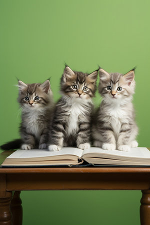 Portrait cute little funny striped red kittens sitting on brown studio background. Copyspace for text. Three fluffy kittens on a table. Curious animals.の素材