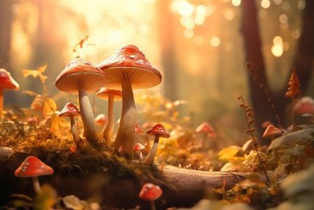 Harvest fungi concept. Close up of forest mushrooms in grass, fall season. Little fresh mushrooms, growing in autumn forest. Mushroom picking concept. Magical.の素材