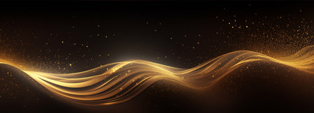 Banner with golden glowing rays with flickering particles on dark background. Gold luxury shiny design abstract elements with glitter effect for Christmas or New Year background with copy space.の素材