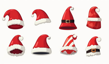 Cartoon santa hat illustration design. Minimalistic icons on white background. Set of cartoon santa hats for greeting card or stickers with simple background.の素材