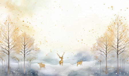 Christmas card, print, postcard, banner and poster. Glitter illustration for New Year with copy space. Golden aquarel Christmas background with gold glitter, decor snowflakes and golden Christmas treeの素材