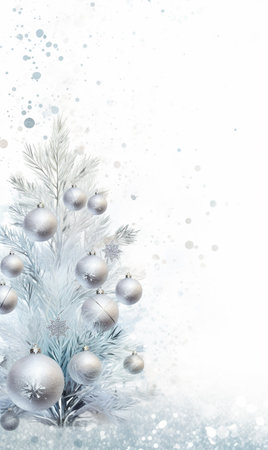 Christmas card, print, postcard, banner and poster. Shining illustration for New Year with copy space. Silver aquarel Christmas background with glitter, decor snowflakes and silver Christmas tree.の素材