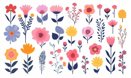 Collection of beautiful wild herbs, herbaceous flowering plants, blooming flowers. Botanical illustration. Set of cartoon bouquets for greeting card or stickers with simple background.の素材