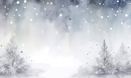 Christmas card, print, postcard, banner and poster. Shining illustration for New Year with copy space. Silver aquarel Christmas background with glitter, decor snowflakes and silver Christmas tree.の素材