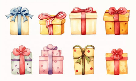 Icon set of gift boxes. Decoration for birthday, valentines day, Mothers day, New Year and other holidays. Set of cartoon Christmas wrapped presents for greeting card. Stickers with simple background.の素材