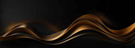 Banner with golden glowing rays with flickering particles on dark background. Gold luxury shiny design abstract elements with glitter effect for Christmas or New Year background with copy space.の素材