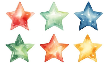 Set of cartoon aquarel Christmas stars for greeting card or stickers. Water color illustration collection of colorful abstract stars of various colours. Clipart elements for creative design, template.の素材