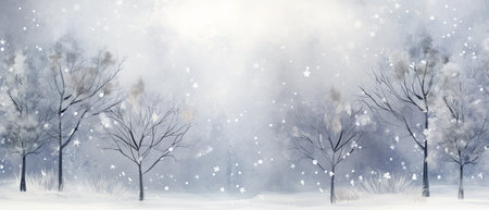 Christmas card, print, postcard, banner and poster. Shining illustration for New Year with copy space. Silver aquarel Christmas background with glitter, decor snowflakes and snowy trees.の素材