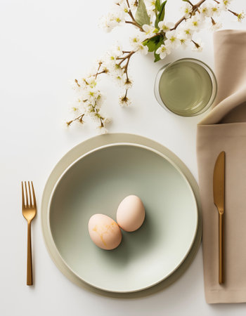 Minimalist aesthetic Easter floral decoration, natural color eggs on plate and flowers on a light neutral background. Easter breakfast. Beautiful table setting with Easter eggs and blooming branches.の素材