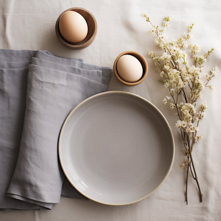 Minimalist aesthetic Easter floral decoration, natural color eggs on plate and flowers on a light neutral background. Easter breakfast. Beautiful table setting with Easter eggs and blooming branches.の素材