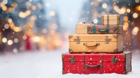 Set of suitcases stand outdoor with Christmas market bokeh background with empty space for your text. The concept of traveling for Christmas holiday. Suitcases with festive winter backdrop.の素材