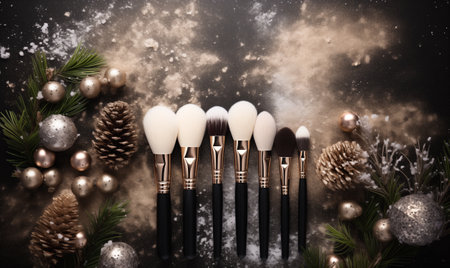 Cosmetic brushes decorated with christmas tree brunch, cones and balls on background for advertising, top view and product holiday content. Set of make up brushes near Christmas tree, flat lay.の素材
