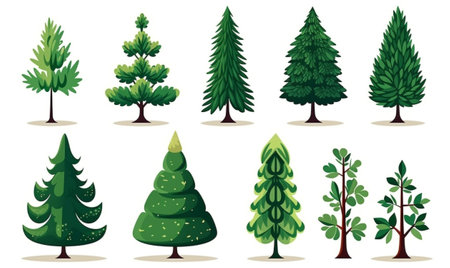 Icon set of fir trees. Decoration for New Year, winter holidays. Set of cartoon Christmas trees for greeting card. Stickers with simple background.の素材
