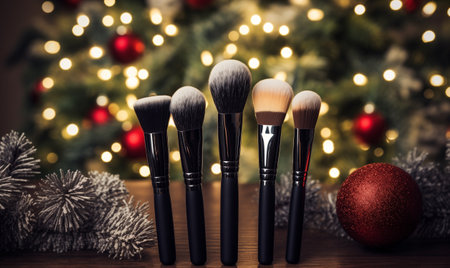 Cosmetic brushes decorated with christmas tree brunch, lights and balls on background for advertising, side view and product holiday content. Set of make up brushes near Christmas tree with lights.の素材