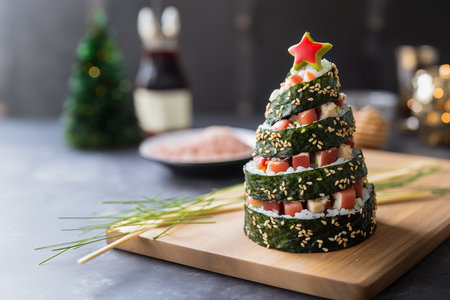 The concept of sushi on New Year night. Fresh sushi roll with salmon and avocado in a pyramid with Christmas decorations. Traditional Japanese food. Sushi in form of christmas tree with copy space.の素材
