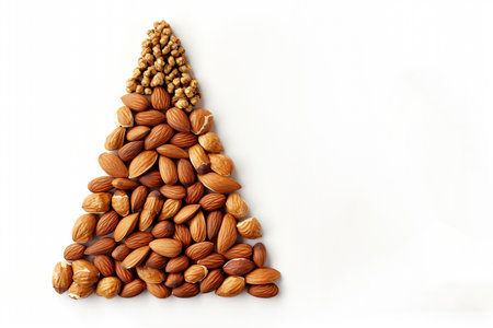 Original Christmas tree made of almonds on a white table. Christmas, New Year concept on light background. Christmas greeting card with various nuts in fir tree shaped and copy space, flat lay.の素材