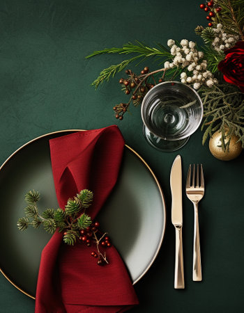Black table setting with golden festive decor and fir branches. New Year and Christmas table setting with dark plates and gold cutlery on background with copy space. Christmas celebrating, flat lay.の素材