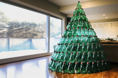 Concept of creative Christmas tree idea. Pyramid made of pet bottles and recycled material. New Year decoration at home. Christmas tree of bottles of water. Creative from bottles with copy space.の素材