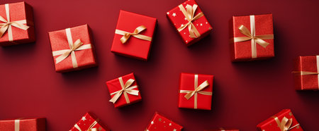 Christmas presents delivery service. New Year banner. Preparation for holidays. Gift boxes wrapped in red paper with golden bow on red background. Concept of holidays and greeting card with copy spaceの素材