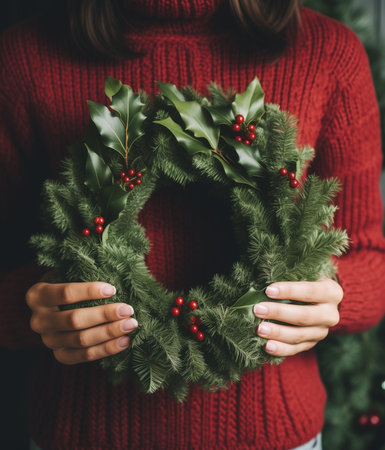 Close up portrait faceless young woman in knitted sweater holds green Christmas wreath in hands. Christmas wreath workshop. Making rustic christmas wreath. New Year Sales. Handmade interior decorationの素材