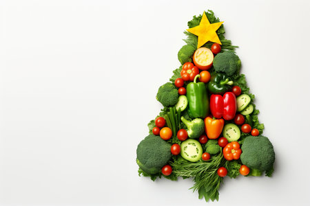 Edible Christmas tree shaped vegetable on white background for holiday seasonal festive party celebration with healthy food decoration. Christmas tree made of healthy food, top view with copy space.の素材