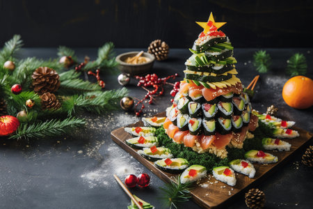 The concept of sushi on New Year night. Fresh sushi roll with salmon and avocado in a pyramid with Christmas decorations. Traditional Japanese food. Sushi in form of christmas tree with copy space.の素材