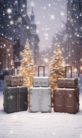 Set of suitcases stand outdoor with Christmas bokeh background with empty space for your text. The concept of traveling for Christmas holiday. Suitcases with festive winter backdrop.の素材