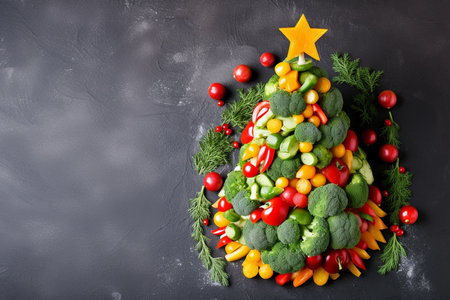 Edible Christmas tree shaped vegetable on dark background for holiday seasonal festive party celebration with healthy food decoration. Christmas tree made of healthy food, top view with copy space.の素材