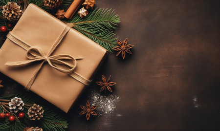 Christmas presents delivery service. New Year banner. Preparation for holidays. Gift box wrapped in beige paper with bow on brown background. Concept of holidays and greeting card with copy space.の素材