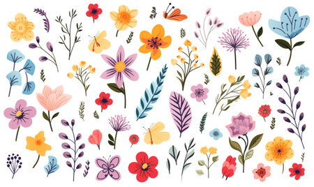 Collection of beautiful wild herbs, herbaceous flowering plants, blooming flowers. Botanical illustration. Set of cartoon flowers for greeting card or stickers with simple background. Spring clip art.の素材