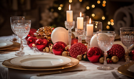 Christmas table setting with fir branches, Christmas balls and rowan in dining room, flat lay. Top view of served red table on Christmas dinner with a lot of decorations and candles.の素材