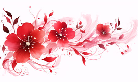 Watercolor transparent illustration, wild blooming floral pattern, delicate flowers, pink, red and light pink flowers, greeting card template on white background. Fabric wallpaper print texture.の素材