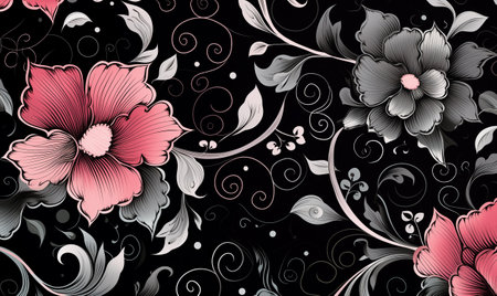 Dark color illustration, wild blooming floral pattern, delicate flowers, pink, red and light pink flowers, greeting card template on black background. Fabric wallpaper print texture.の素材