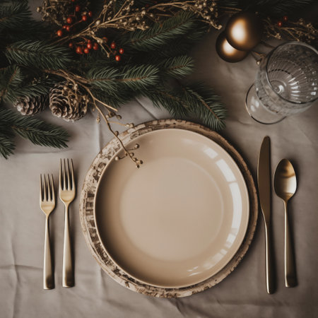 Gray table setting with festive decor and fir branches. New Year and Christmas table setting with beige plates and cutlery on background with copy space. Christmas celebrating, flat lay.の素材