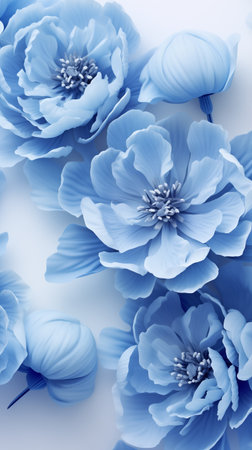 Blue peony background. Flowers on a white background, dusty blue peonies. Wild blooming floral pattern, greeting card template. Fabric wallpaper print texture. Invitation wedding card. Illustrationの素材
