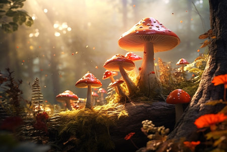 Harvest fungi concept. Close up of forest mushrooms in grass, fall season. Little fresh mushrooms, growing in autumn forest. Mushroom picking concept. Magical.の素材