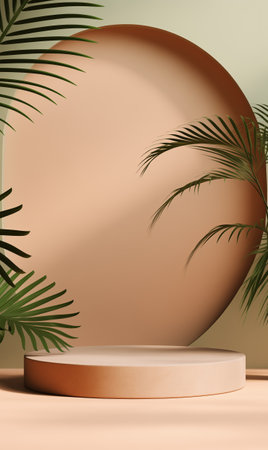 Branches with green leaves at edge on concrete wall. Stylish background. Advertising board mockup for design, product. Empty template with podium concrate background, green exotic foliage, palm leavesの素材