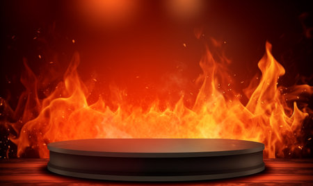 3d Empty podium on dark background with smoke bokeh. illustration for showcase products with fire and flame on gray background with copy space.の素材